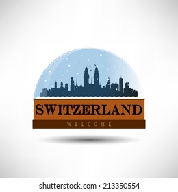 Switzerland, city skyline silhouette in snow globe. Vector design.