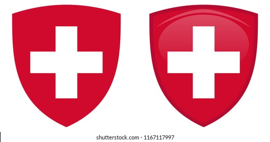 Switzerland coat of arms. White helvetic cross in red shield. Flat and 3d shaded version.