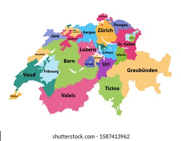 Switzerland colored by cantons vector map