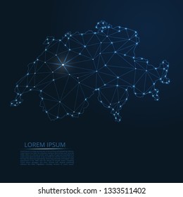Switzerland communication network map. Vector low poly image of a global map with lights in the form of cities in population density consisting of points and shapes in the form of stars and space.