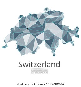 Switzerland communication network map. Vector low poly image of a global map with lights in the form of cities in population density consisting of points and shapes and space. Easy to edit