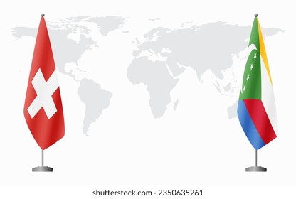 Switzerland and Comoros flags for official meeting against background of world map.