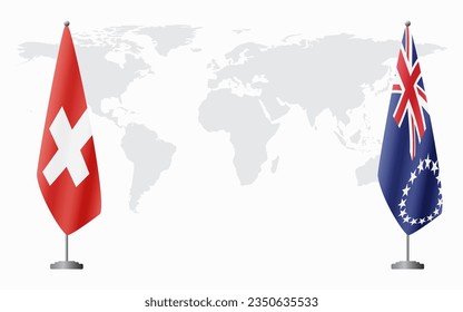 Switzerland and Cook Islands flags for official meeting against background of world map.