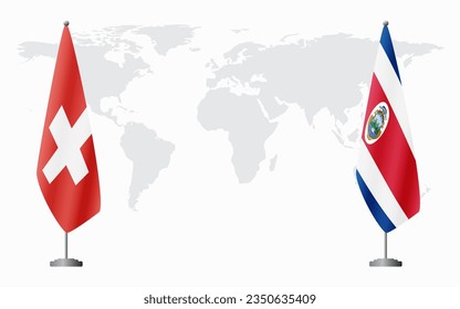 Die Flaggen der Schweiz und Costa Rica für offizielle Treffen auf dem Hintergrund der Weltkarte.