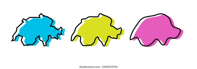 Switzerland country black outline and colored country silhouettes in three different levels of smoothness. Simplified maps. Vector icons isolated on white background.