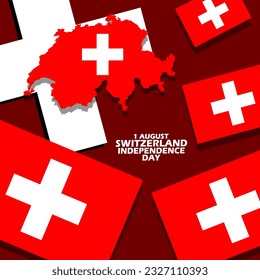 Switzerland country flags with bold text on dark red background to commemorate Switzerland Independence Day on August 1