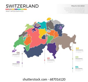 Switzerland country map infographic colored vector template with regions and pointer marks