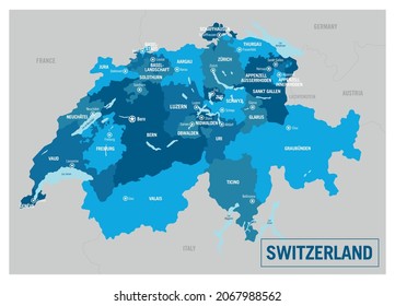 Mapa político de Suiza. Ilustración vectorial detallada con estados, regiones y ciudades aislados, fácil de desagrupar. 