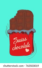 Switzerland country poster.  Card, poster, print on a T-shirt. Hand drawn vector illustration. Travel Switzerland poster.  Swiss chocolate on bright background. 