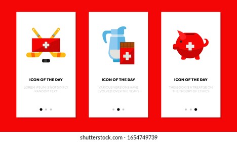 Switzerland culture flat icon set. Swiss, chocolate, souvenir isolated vector sign pack. Tourism and tradition concept. Vector illustration symbol elements for web design and apps