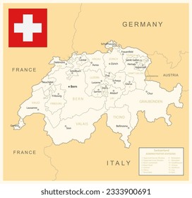 Schweiz - detaillierte Karte mit Verwaltungsabteilungen und Landesflagge. Vektorgrafik