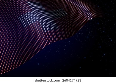 Switzerland digital flag made of dots, waving over a starry dark background
