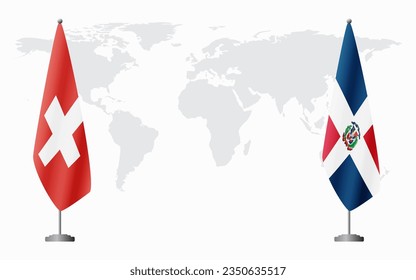 Switzerland and Dominican flags for official meeting against background of world map.