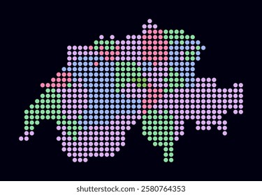 Switzerland dotted map. Digital style map of the country on dark background. Switzerland shape with circle dots. Colored dots style. Large size circles. Vibrant vector illustration.