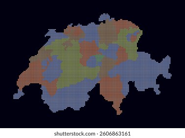 Switzerland dotted map. Digital style map of the country on dark background. Switzerland shape with square dots. Colored dots style. Small size squares. Artistic vector illustration.