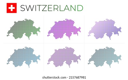 Conjunto de mapas punteados de Suiza. Mapa de Suiza de estilo punteado. Las fronteras del país están llenas de hermosos círculos de gradientes lisos. Ilustración vectorial creativa.