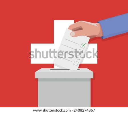 Switzerland election concept. Hand puts vote bulletin into vote box.