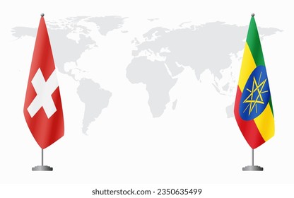 Switzerland and Ethiopia flags for official meeting against background of world map.