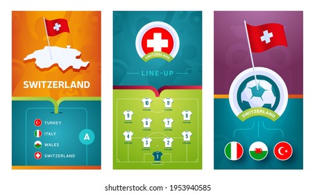 Switzerland European 2020 Football Vertical Banner Set For Social Media. Euro 2020 Switzerland Group A Banner With Isometric Map, Pin Flag, Match Schedule And Line-up On Soccer Field