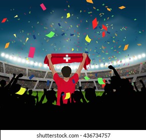 Switzerland fan stand up and hand flag in silhouette group to celebrate team won in soccer match on stadium background, with confetti in the night, design for sport template in vector illustration