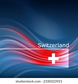 Schweiz Flaggenhintergrund. Abstrakte Schweizer Fahne am blauen Himmel. Nationales Urlaubskartendesign. Staatliche Banner, Schweizer Plakat, patriotische Abdeckung, Flyer. Business-Broschüren-Design. Vektorgrafik