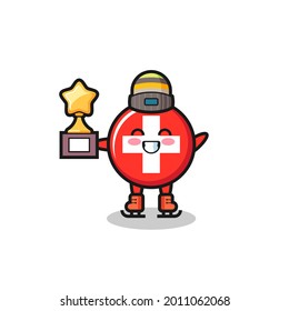 switzerland flag badge cartoon as an ice skating player hold winner trophy , cute style design for t shirt, sticker, logo element