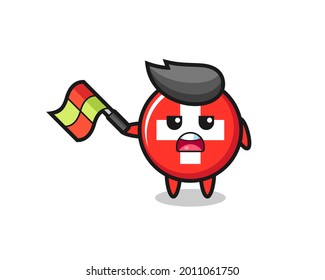 switzerland flag badge cartoon as the line judge hold the flag up at a 45 degree angle , cute style design for t shirt, sticker, logo element