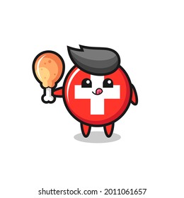switzerland flag badge cute mascot is eating a fried chicken , cute style design for t shirt, sticker, logo element