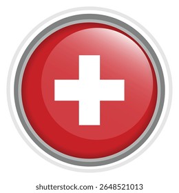 Switzerland Flag Button Icon Glossy Round National Emblem Vector Illustration