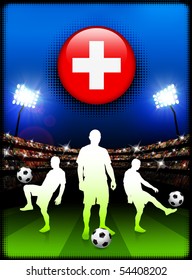 Switzerland Flag Button with Soccer Match in Stadium Original Illustration
