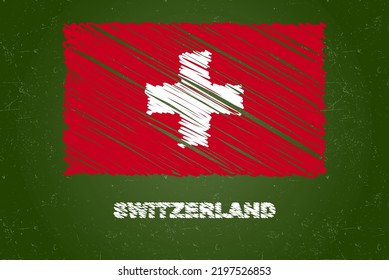 Switzerland flag with chalk effect on green chalkboard, hand drawing country flag concept, green blackboard with Switzerland flag, chalk texture, flag for kids, classroom material