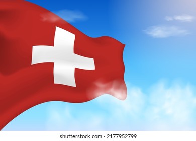 Switzerland flag in the clouds. Vector flag waving in the sky. National day realistic flag illustration. Blue sky vector.
