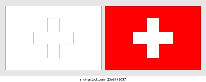 Switzerland flag - coloring page. Set of white wireframe thin black outline flag and original colored flag.