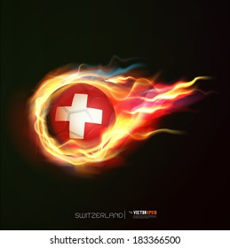 Switzerland flag with flying soccer ball on fire isolated black background, vector illustration