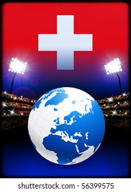 Switzerland Flag with Globe on Stadium Background Original Illustration