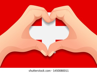 Switzerland flag and hand heart shape. Patriotic background. National flag of Switzerland vector illustration