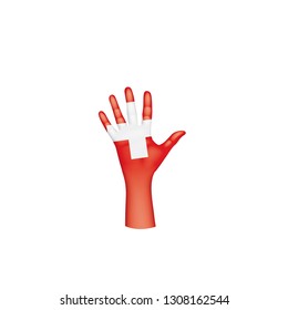 Switzerland flag and hand on white background. Vector illustration