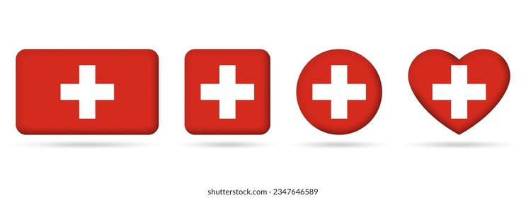 Switzerland flag icon or badge set. Swiss square, heart and circle national symbol or banner. Vector illustration.