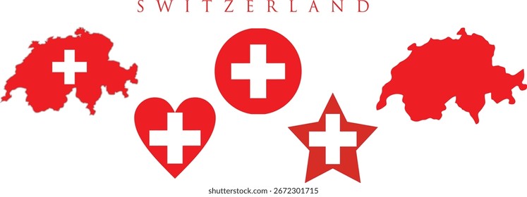 Schweizer Flagge und Kartenset. Schweizer Flagge in offiziellen Farben und Proportionen. Unabhängigkeitstag 1. August, Karte, Kreis, Stern und Herz geprägt Schweiz.