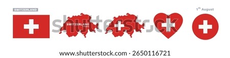  switzerland flag and map set. switzerland flag in official colors and proportions. independence day 1 august, map, circle and heart shaped switzerland
