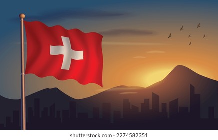 Schweiz-Flagge mit Bergen und Morgensonne im Hintergrund