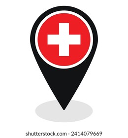 Switzerland flag on map pinpoint icon isolated. Flag of Switzerland
