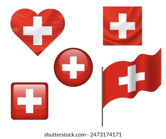 Schweiz Flaggensatz von Symbolen. Schweizer Vektorgrafik, Symbol. Set von Schweizer Fahnen Button, geschwenkt, Herz.