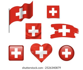 Switzerland flag set of icons. Vector flag of Switzerland, symbol. Set of swiss flags button, waved, heart.