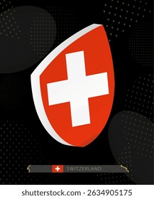Switzerland Flag Shield icon in 3D on Dark Modern Abstract Rugby Background. Perfect for sports events, heritage themes, national celebrations, and patriotic designs.
