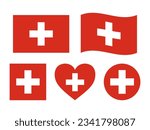 Switzerland flag signs set. Swiss heart shape, square shape decorative element. Independence Day of Switzerland. National symbols for Swiss holidays - round flag, circle emblem
