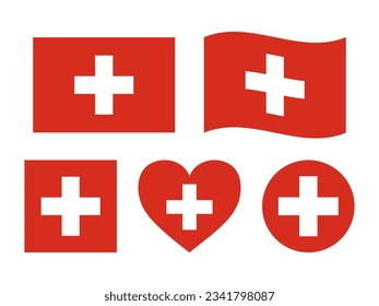 Switzerland flag signs set. Swiss heart shape, square shape decorative element. Independence Day of Switzerland. National symbols for Swiss holidays - round flag, circle emblem