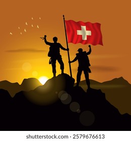 Switzerland flag, silhouette of two climbers holding flags at sunset