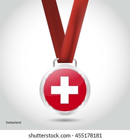 Switzerland Flag in Silver Medal. Vector Illustration. RIO Olympic Game silver Medal. Vector Illustration