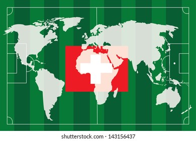 The Switzerland flag and soccer ball and World map